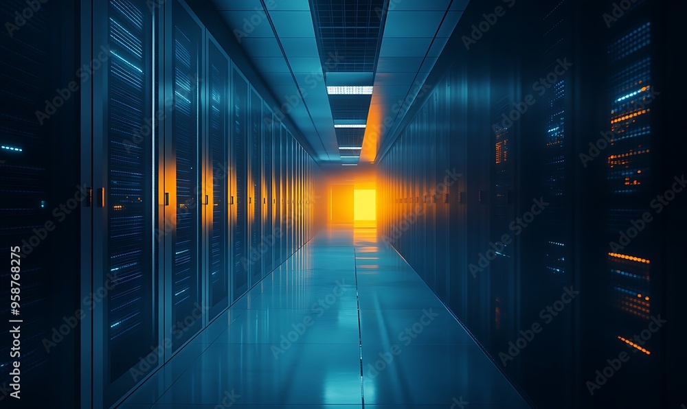 Server Room Hallway with Glowing Lights and Bright Entrance Server Room Hallway with Glowing Lights and Bright Entrance