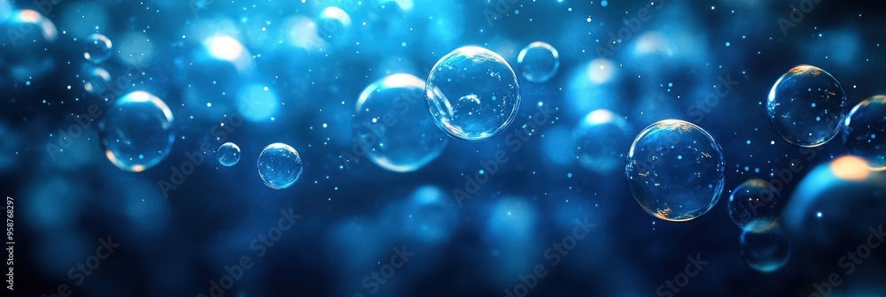 Close-Up of Transparent Bubbles Floating in Deep Blue Water Against Subtle Light Effects Close-Up of Transparent Bubbles Floating in Deep Blue Water Against Subtle Light Effects