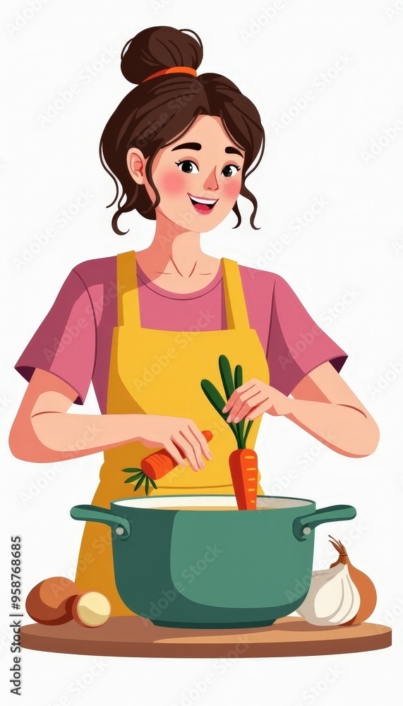 Woman Cooking Soup Young Girl Adding Vegetables To Pot Of Hot Water Housework Homemade Food Woman Cooking Soup Young Girl Adding Vegetables To Pot Of Hot Water Housework Homemade Food