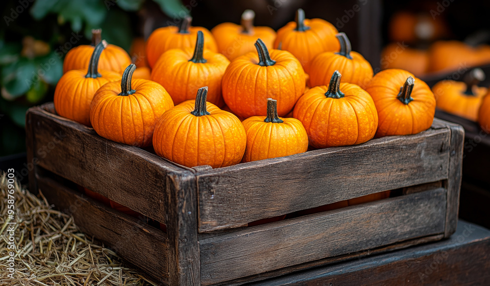 A wooden crate full of pumpkins