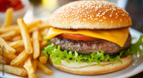 Uma visão de perto de um cheeseburger clássico com alface, tomate e queijo servido com batatas fritas crocantes em um prato branco, tudo pronto para saciar sua fome.