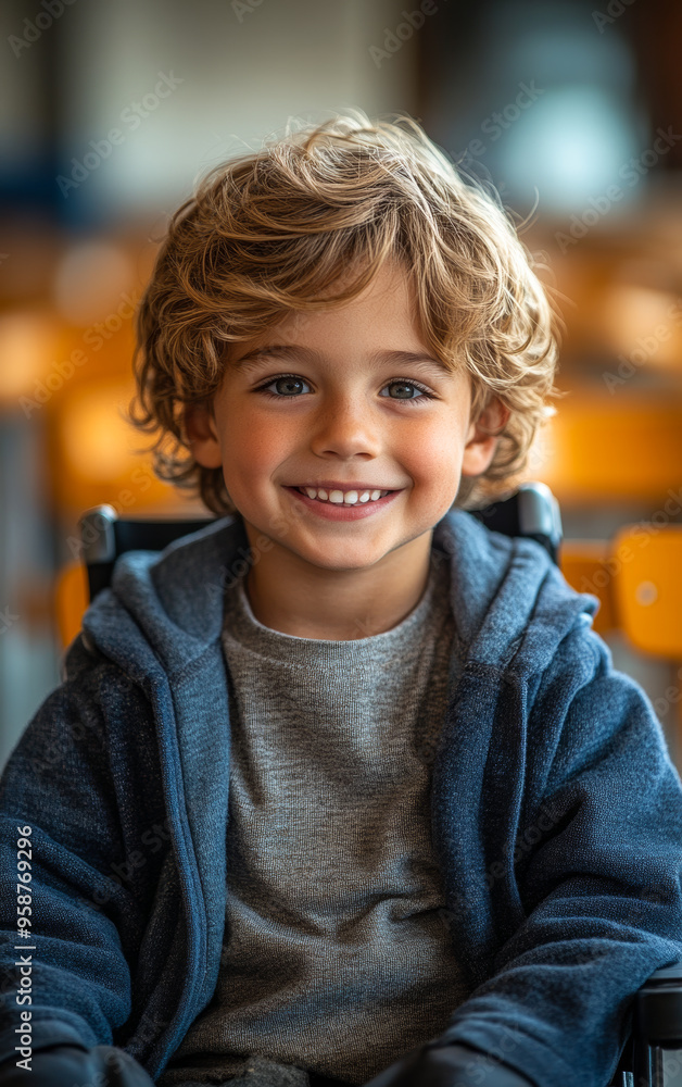 A young boy with blonde hair and blue eyes is smiling and wearing a blue hoodie. He is sitting in a chair and he is happy. Inclusive education of children A young boy with blonde hair and blue eyes is smiling and wearing a blue hoodie. He is sitting in a chair and he is happy. Inclusive education of children