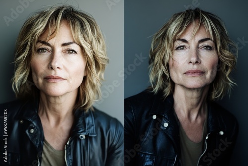 An attractive young woman on a white background, retouched before and after images. The face is divided into two sections, the skin is in good condition but the hair is in poor condition photo