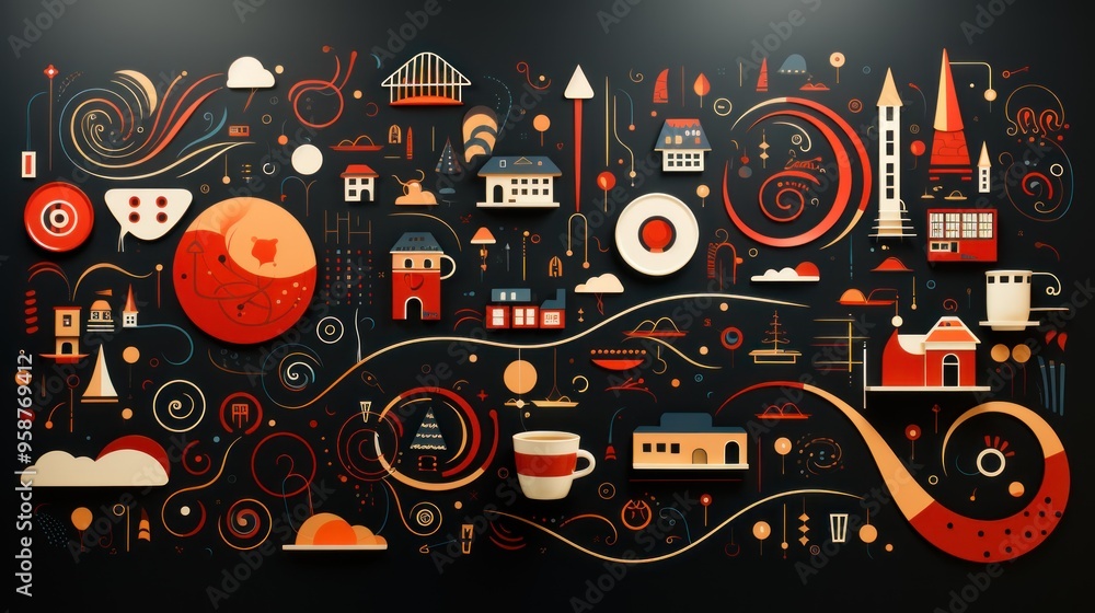 Obraz premium Abstract Cityscape with Geometric Shapes and Swirls