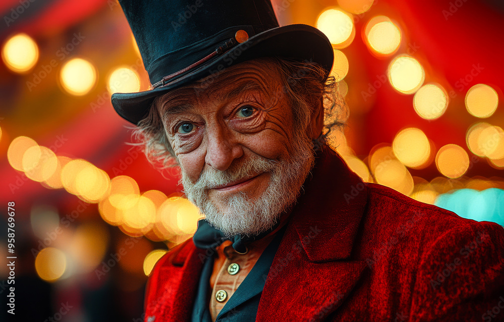 A man in a red costume with a black hat and a beard. He is smiling and looking at the camera. Sprechstallmeister. Circus host A man in a red costume with a black hat and a beard. He is smiling and looking at the camera. Sprechstallmeister. Circus host