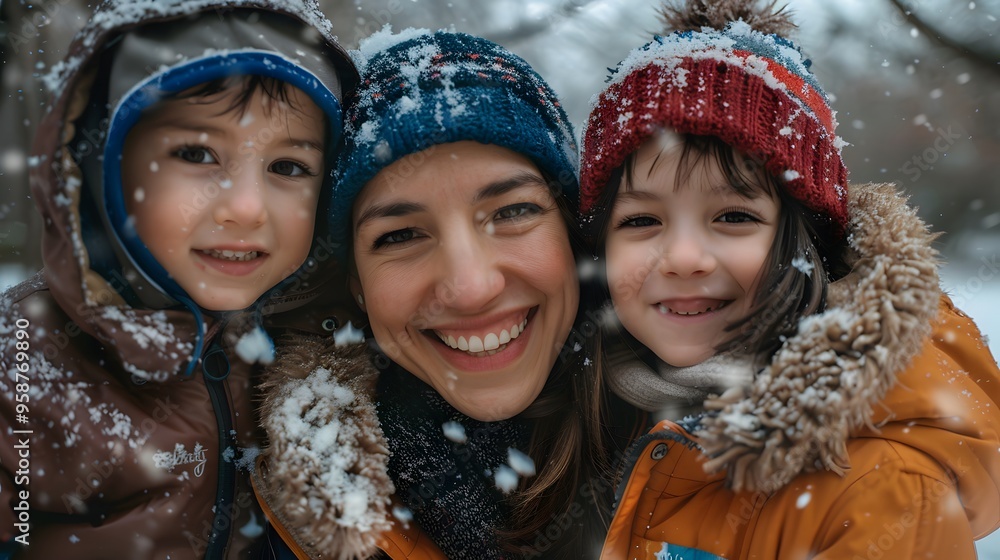 Happy mother and two children family at ski resort in winter time with snow mountain background