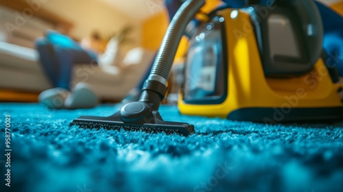 A janitor cleaning a carpet with a vacuum.