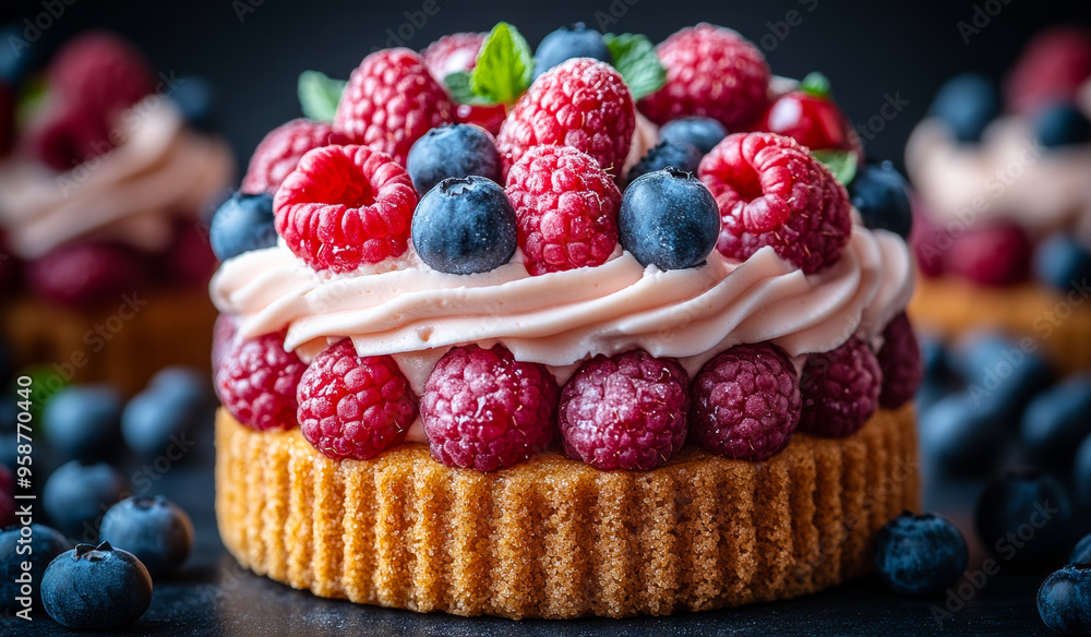 A dessert with blueberries and raspberries on top. The dessert is a small cake with a blueberry and raspberry topping A dessert with blueberries and raspberries on top. The dessert is a small cake with a blueberry and raspberry topping