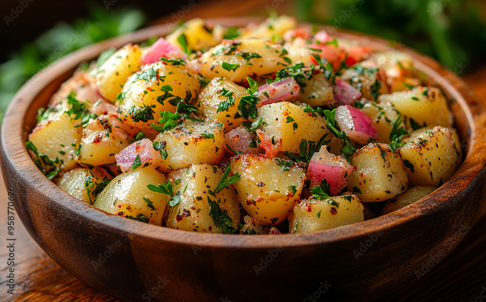 A bowl of food with potatoes and onions. The bowl is wooden and filled with a variety of vegetables A bowl of food with potatoes and onions. The bowl is wooden and filled with a variety of vegetables