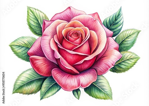 Vibrant, hand-drawn, isolated rose illustration with delicate petals and bold lines, ideal for romantic, elegant, and photo