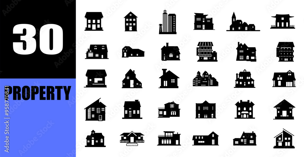 Property icon collection. house black flat icons. Property icon collection. house black flat icons.