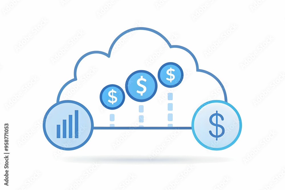 Flat AI Cloud and Financial Data Concept for Efficient Cloud-Based Financial Management and Cost Transformation. Abstract Vector with Cloud Icon and Data Symbols on White Background. Simple Flat Vecto Flat AI Cloud and Financial Data Concept for Efficient Cloud-Based Financial Management and Cost Transformation. Abstract Vector with Cloud Icon and Data Symbols on White Background. Simple Flat Vecto