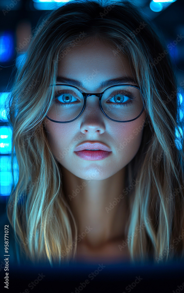 A woman with long blonde hair and glasses is staring at the camera. The image has a moody and mysterious feel to it, as if the woman is looking into a dark and unknown place A woman with long blonde hair and glasses is staring at the camera. The image has a moody and mysterious feel to it, as if the woman is looking into a dark and unknown place
