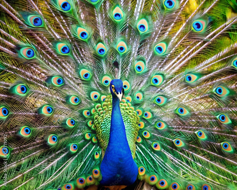 Fototapeta premium Peacock with fanned tail, peacock with feathers