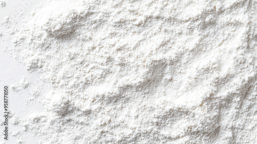 A detailed view of fine white powder spread across a flat surface, capturing the soft and delicate texture, and resembling the look of flour, ideal for culinary or artistic purposes.