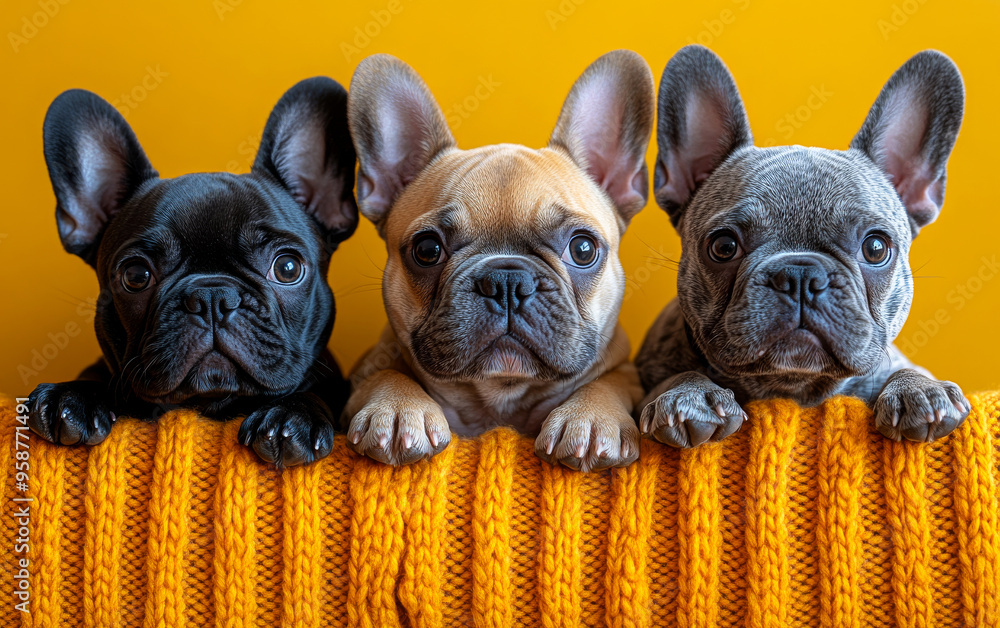 Fototapeta premium Three puppies are sitting on a yellow blanket, looking at the camera. Concept of warmth and companionship, as the puppies seem to be enjoying each other's company