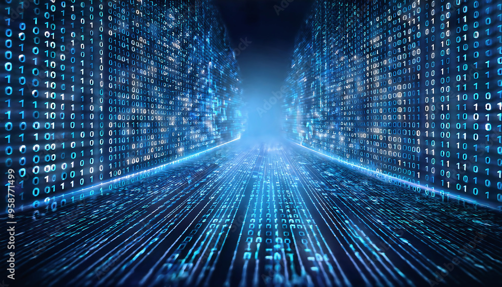 Digital Binary Code in a Cyber Landscape for computer screen background Digital Binary Code in a Cyber Landscape for computer screen background