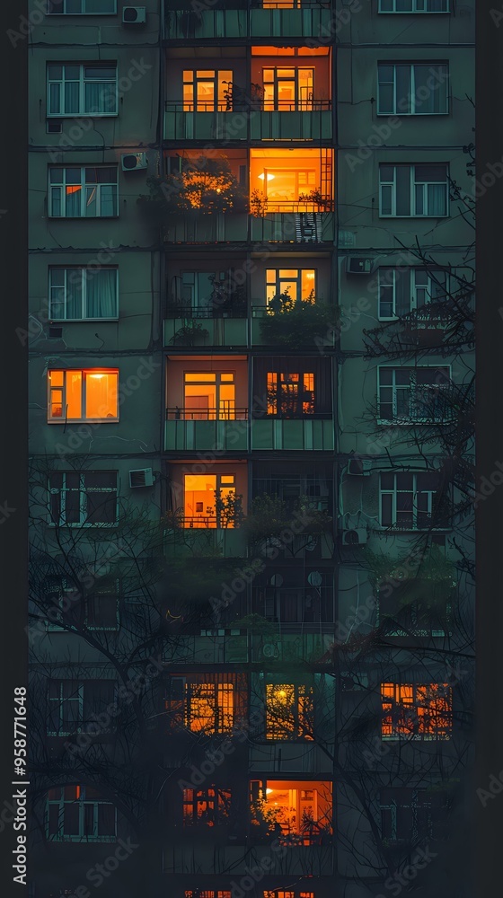 A moody evening scene of a residential building with glowing windows, offering a warm glimpse into city life. Perfect for urban, architecture, and lifestyle-themed projects. A moody evening scene of a residential building with glowing windows, offering a warm glimpse into city life. Perfect for urban, architecture, and lifestyle-themed projects.