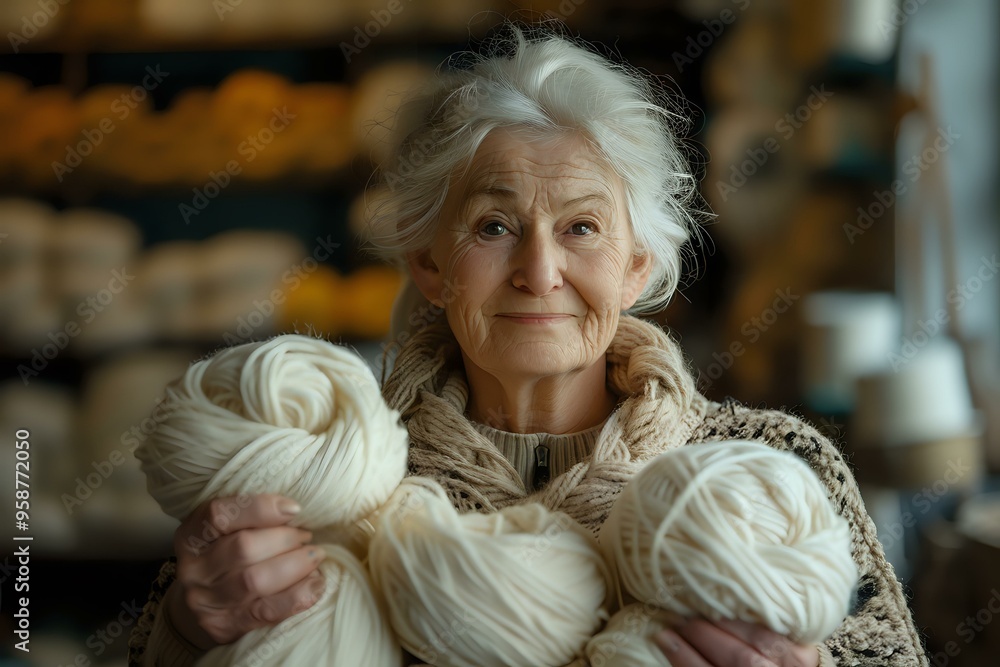 A charming portrait of an older woman holding large bundles of yarn, set in a cozy environment. Ideal for themes of craftsmanship, knitting, and traditional arts. A charming portrait of an older woman holding large bundles of yarn, set in a cozy environment. Ideal for themes of craftsmanship, knitting, and traditional arts.