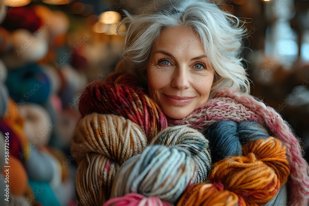 A joyful portrait of an older woman holding bundles of colorful yarn in a cozy setting. Ideal for themes of knitting, crafting, and artisanal work. A joyful portrait of an older woman holding bundles of colorful yarn in a cozy setting. Ideal for themes of knitting, crafting, and artisanal work.