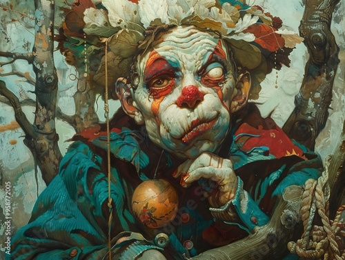 A grotesque clown with a red nose and a single eye, wearing a blue jacket and a crown of leaves, looks off to the side, with a thoughtful expression. photo