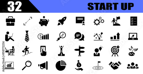 Startup icon set. Containing innovation, business plan, investment, launch, funding, investor and entrepreneurship icons. black icons.