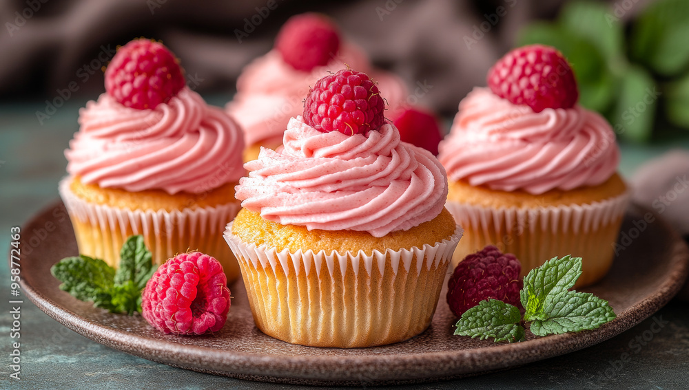 A plate of cupcakes with pink frosting and raspberries on top. The cupcakes are arranged in a row and are placed on a brown plate A plate of cupcakes with pink frosting and raspberries on top. The cupcakes are arranged in a row and are placed on a brown plate