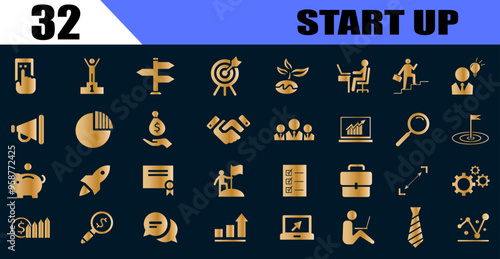 Startup management business icon set. Containing innovation, business plan, investment, launch, funding, investor and entrepreneurship icons. gold icons.