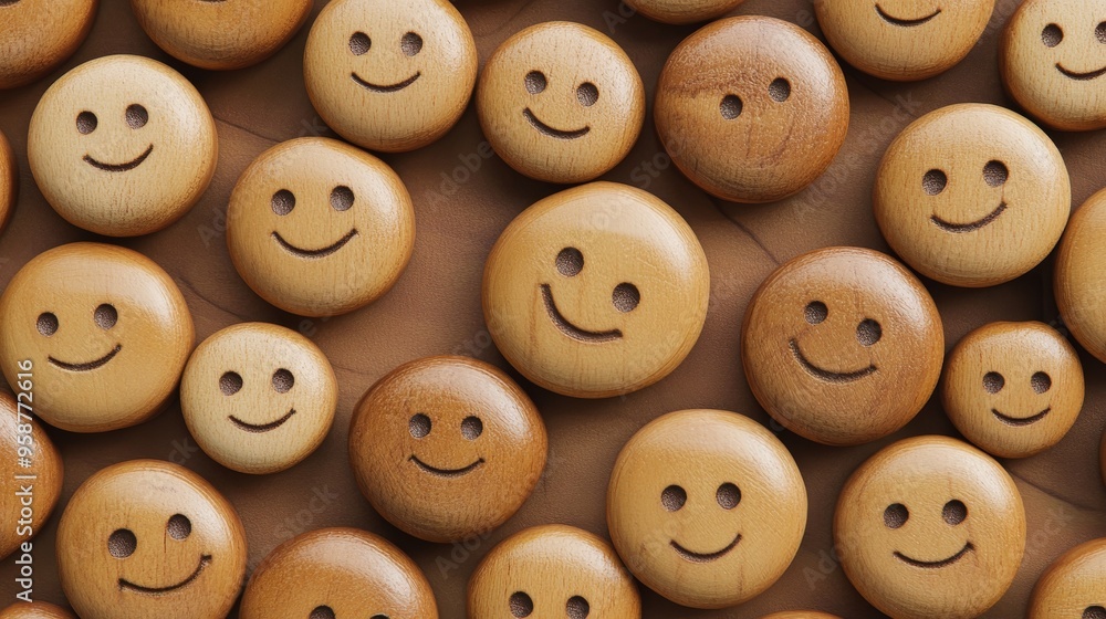 A collection of wooden smile face buttons, showcasing happiness and positivity in a charming, artistic arrangement.