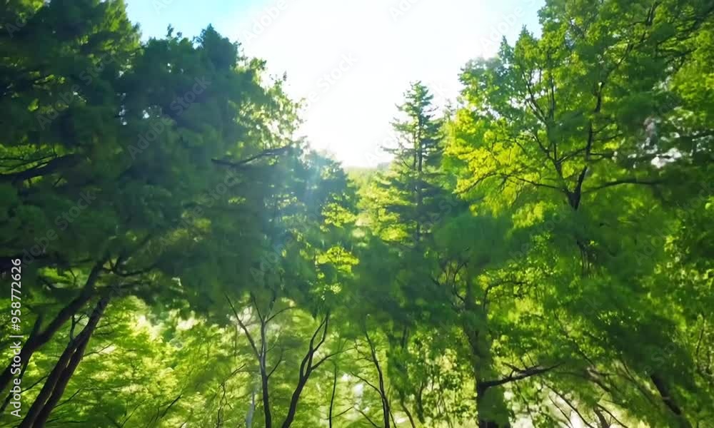 A view of sunlight through the canopy of a lush green forest. A view of sunlight through the canopy of a lush green forest.