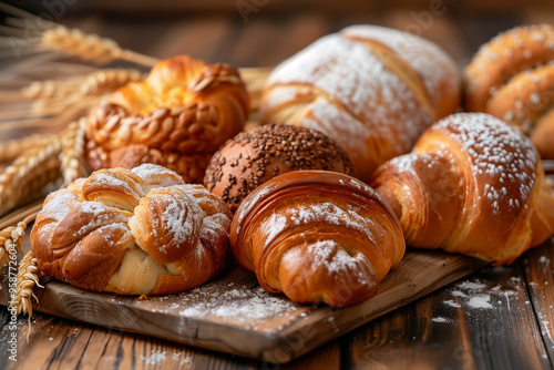 Various sweet breads and pastries on a wooden table.