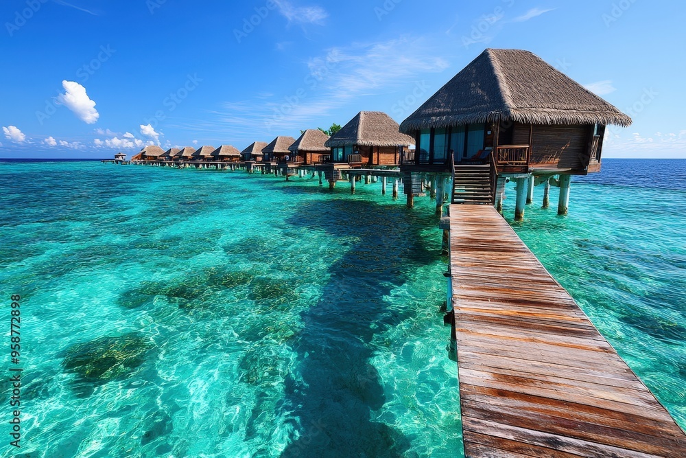 A picturesque view of overwater bungalows at a tropical island resort with clear blue waters and bright sunny skies, showcasing a dream vacation setting in paradise. A picturesque view of overwater bungalows at a tropical island resort with clear blue waters and bright sunny skies, showcasing a dream vacation setting in paradise.