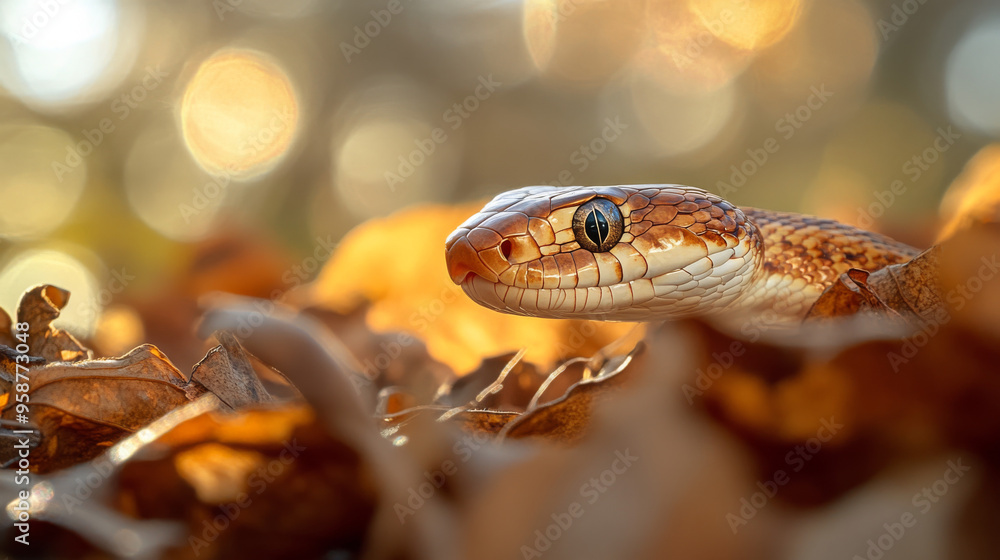 Obraz premium Close-up Photography of a Snake Among Autumn Leaves During Golden Hour