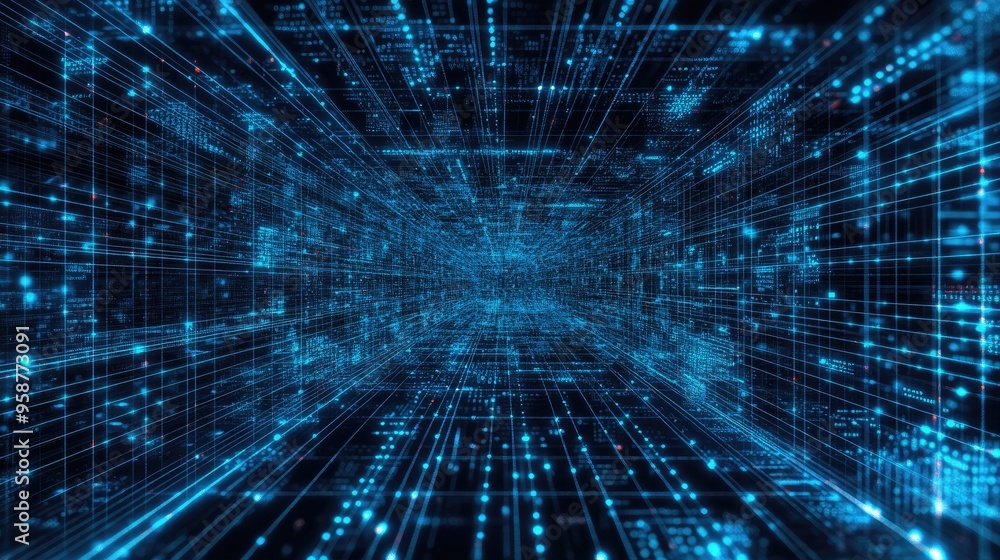 A digital matrix with interconnected nodes and lines, symbolizing the flow of information in advanced technology systems. A digital matrix with interconnected nodes and lines, symbolizing the flow of information in advanced technology systems.