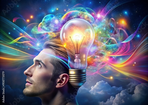 Vibrant imagination sparks creativity as a person's brain transforms into a lightbulb, surrounded by swirling clouds of photo