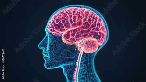 Neontinted 3D model of the human brainstem, 3D illustration