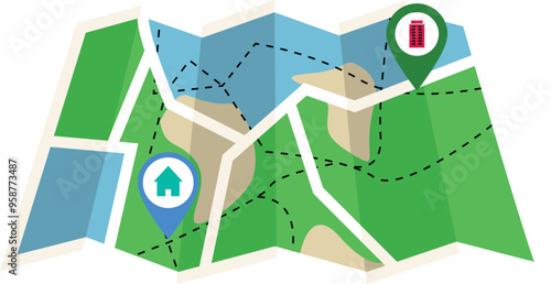 Map with Home to Office, GPS navigation two point, Map, Navigation in map, office to Home map, GPS Location direction, two different Location, Pin point location