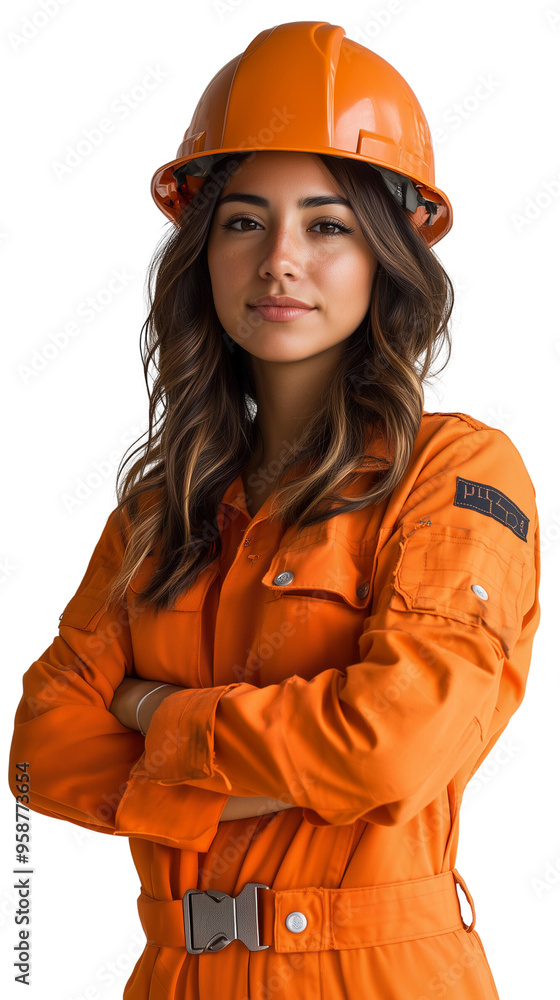Female construction worker wearing protective clothing and a helmet, arms crossed, on a transparent background Female construction worker wearing protective clothing and a helmet, arms crossed, on a transparent background