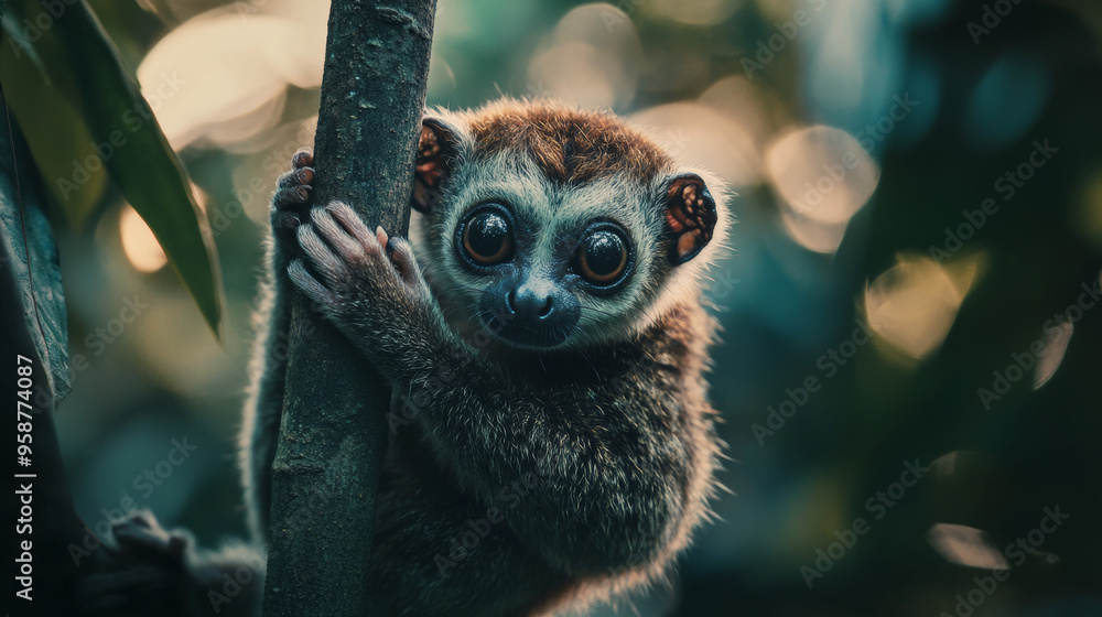 Fototapeta premium Stunning Close-Up of a Lemur in its Natural Habitat Captured in the Jungle