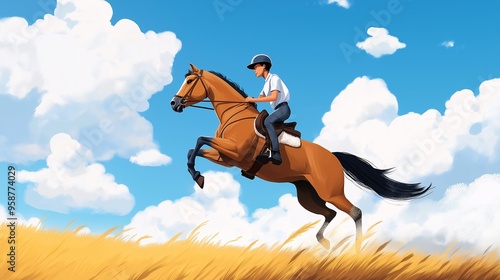 Golden Freedom: A majestic horse and rider soar over a sun-drenched field, their shared passion for equestrianism radiating against a backdrop of vibrant blue skies. 