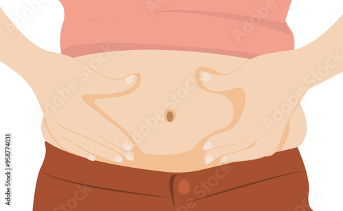 Overweight young woman touch fat on belly distressed with excessive weight