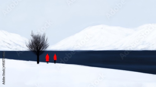 Frozen lake with snowcovered mountains in the background skaters gliding on the ice crisp and clear winter day peaceful and refreshing blue and white palette photo