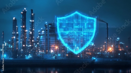 A futuristic industrial scene featuring a glowing digital shield, symbolizing cyber security and protection in an urban landscape.
