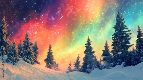 A snowy landscape with a vibrant aurora borealis in the sky, rendered in a digital art style with a rainbow of colors and fluid shapes