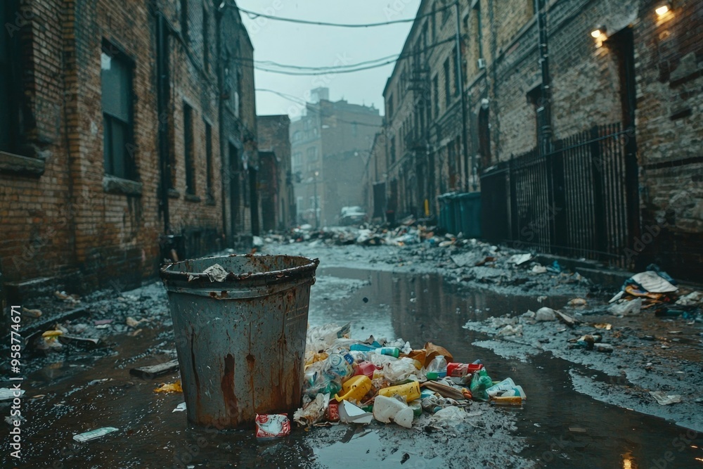 Fototapeta premium Trash-Filled Alleyway with Overflowing Garbage Bin