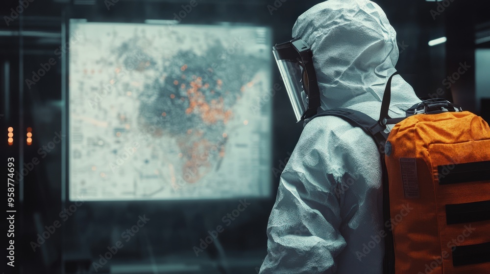 A scientist in protective equipment stands focused on a digital map displaying contamination data and hazardous zones within a research facility during nighttime A scientist in protective equipment stands focused on a digital map displaying contamination data and hazardous zones within a research facility during nighttime