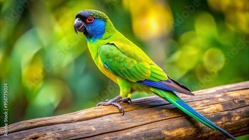 Vibrant nanday parakeet perches on wooden branch, showcasing bright green plumage, blue throat patch, and long, pointed photo