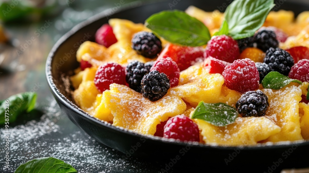 A close-up of a skillet of Kaiserschmarrn, a traditional Austrian pancake dish, topped with fresh raspberries, blackberries, and powdered sugar. A close-up of a skillet of Kaiserschmarrn, a traditional Austrian pancake dish, topped with fresh raspberries, blackberries, and powdered sugar.