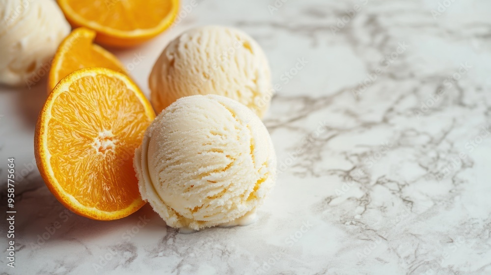 Two scoops of vanilla ice cream with orange slices on a white marble background. Two scoops of vanilla ice cream with orange slices on a white marble background.