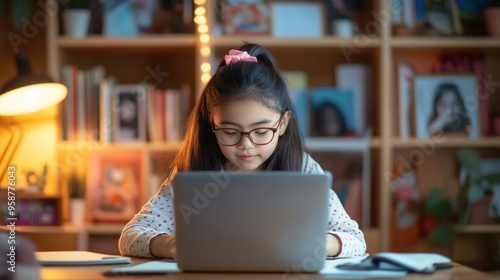 Young Girl Studying on Laptop